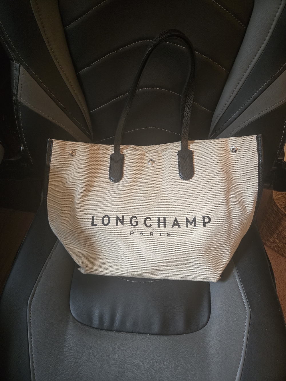Longchamp Canvas Tote Bag in Beige with Black Handles